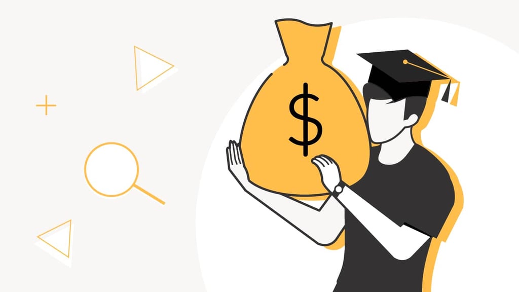 Illustration of a college graduate in a cap carrying a large bag of money, representing state student loan repayment assistance programs