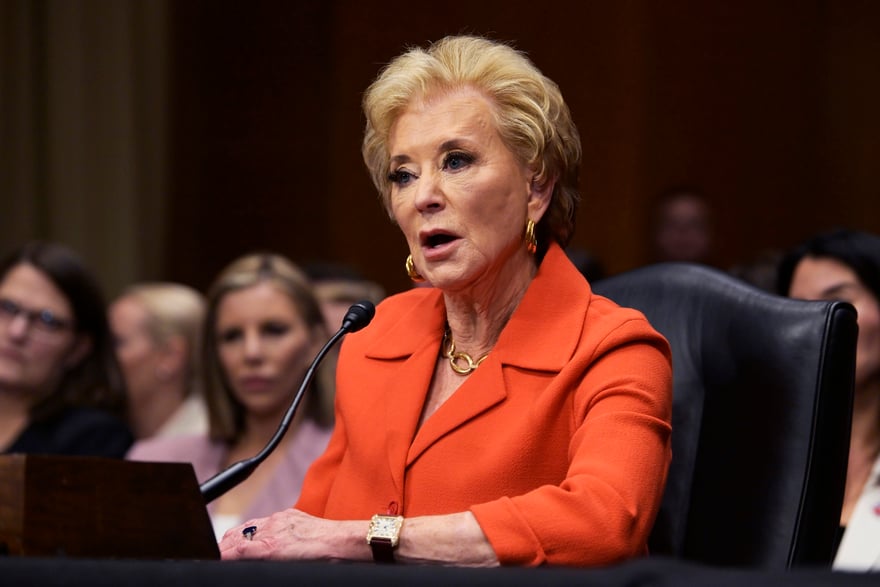 DC: Former US Business Administrator hold a Sec of Education nomination hearing Linda McMahon testifies before the Senate Health, Education, and Labor Committee during a nomination hearing as Secretary of Education in Washington DC, USA, on February 13, 2025. (Photo by Lenin Nolly/NurPhoto via AP)