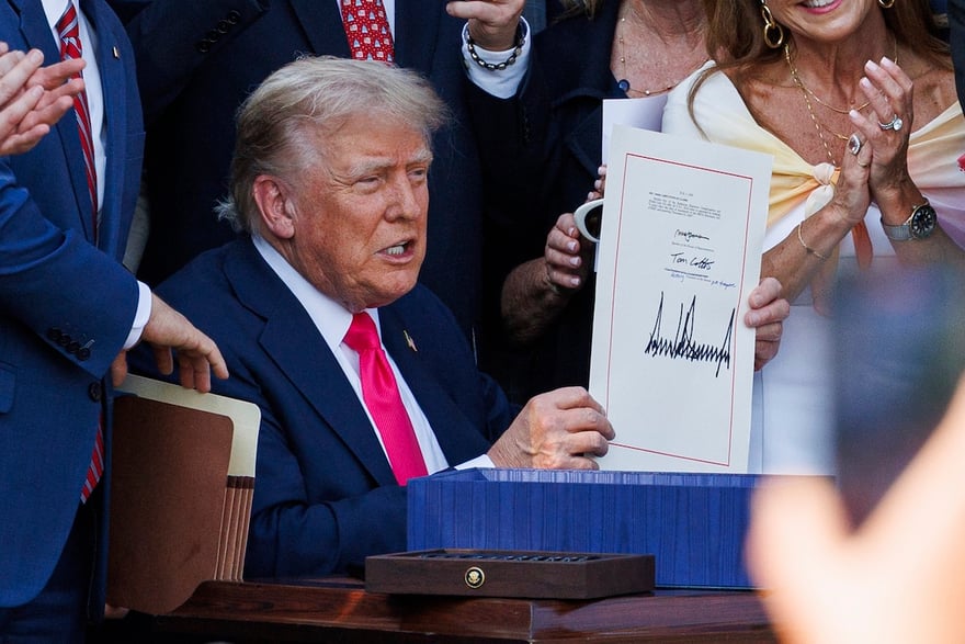 DC: President Donald Trump Signs Tax Bill into Law in Fouth President Donald Trump signs his tax and spending bill into law during a 4th of July celebration with military families on the South Lawn of the White House in Washington DC, on Friday July 4, 2025. The 'One Big Beautiful Bill Act' cuts government spending and taxes and adds work requirements to medicaid, passed through both chambers of Congress in party-line votes. (Photo by Aaron Schwartz/Sipa USA)(Sipa via AP Images)