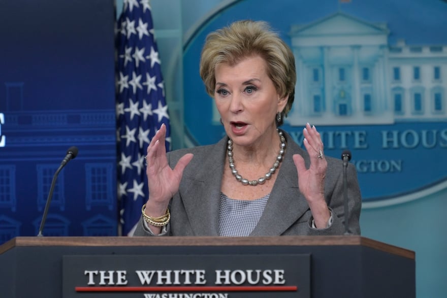 Education Secretary Linda McMahon Department of Education Secretary Linda McMahon hold a press conference, today on November 20, 2025 at Brady Room/White House in Washington DC, USA. (Lenin Nolly/Sipa USA)(Sipa via AP Images)