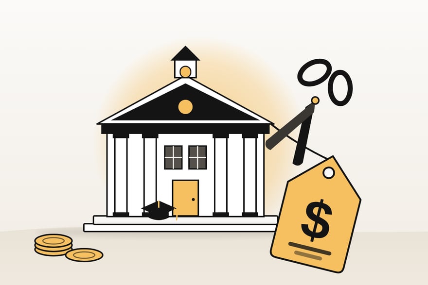 Illustration of a college hall with a large gold price tag hanging from its roof and scissors cutting the string, showing attempts to cut the cost of college.