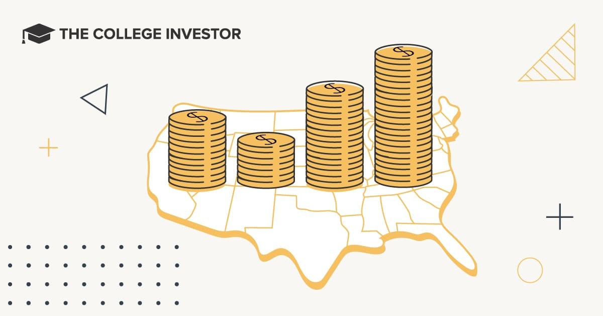 Map graphic from The College Investor showing average student loan debt by state with stacked coins over each state