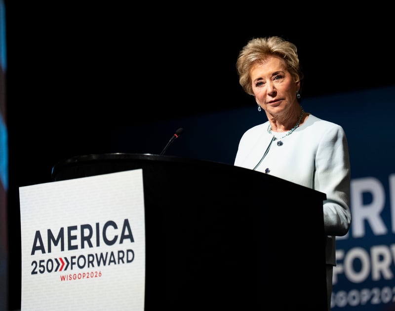 U.S. Secretary of Education Linda McMahon speaks during the 2026 Republican Party of Wisconsin State Convention on Saturday May 16, 2026 at the Kalahari Resorts &amp; Conventions in Baraboo, Wis.
