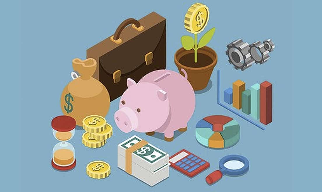 This detailed isometric illustration visualizes key elements of business finance, connecting directly to the article's focus on "Best Business savings accounts." Dominating the center is a classic pink piggy bank, symbolizing savings and encouraging the reader to explore options for parking business cash. Surrounding it are various financial icons: a brown briefcase representing business and investment, a money bag with a dollar sign indicating funds, and stacks of gold coins signifying wealth and interest earnings. A potted plant with a dollar coin as its bloom further emphasizes growth and earning potential from business savings. Other elements include a bar graph and pie chart illustrating financial data and analysis, a calculator for managing money, an hourglass representing time and long-term financial planning, gears suggesting financial mechanisms, and a magnifying glass for careful examination of business saving account options. The logo "THE COLLEGE INVESTOR" is prominently displayed in the bottom left, branding the financial advice provided. Source: The College Investor