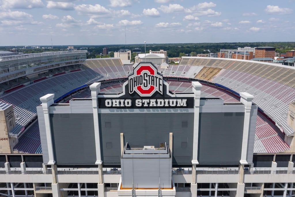 Columbus, Ohio, USA: Aerial view of Ohio Stadium, also known as the Horseshoe, the Shoe, and the House That Harley Built, is an American football stadium in Columbus, Ohio, on the campus of The Ohio State University.