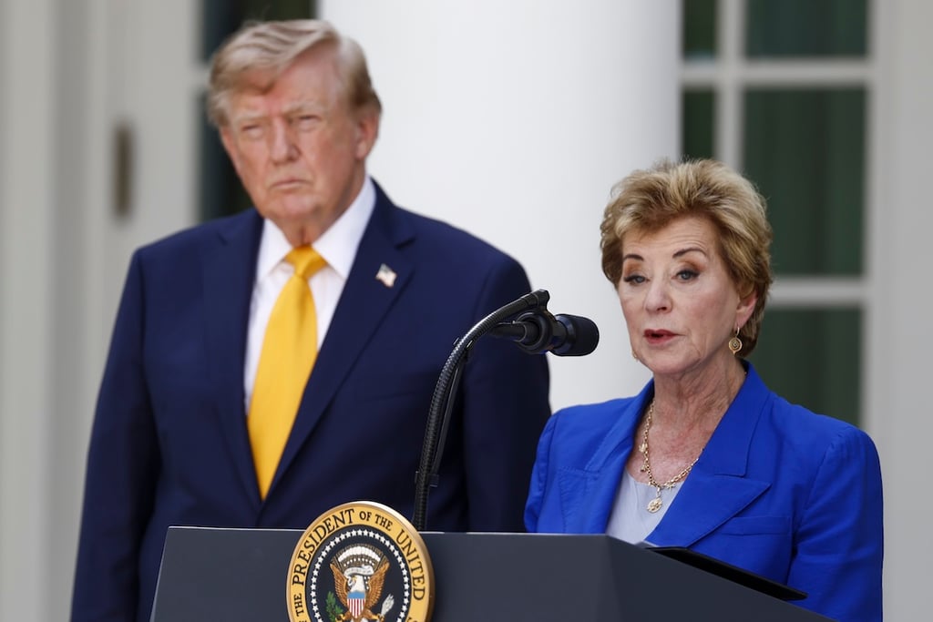 Secretary of Education Linda McMahon, with US President Donald Trump, delivers remarks during an education event in the Rose Garden of the White House in Washington DC, USA, 24 August 2026. President Trump and Secretary McMahon&nbsp;highlighted the administration&rsquo;s school choice program as the new academic year begins.