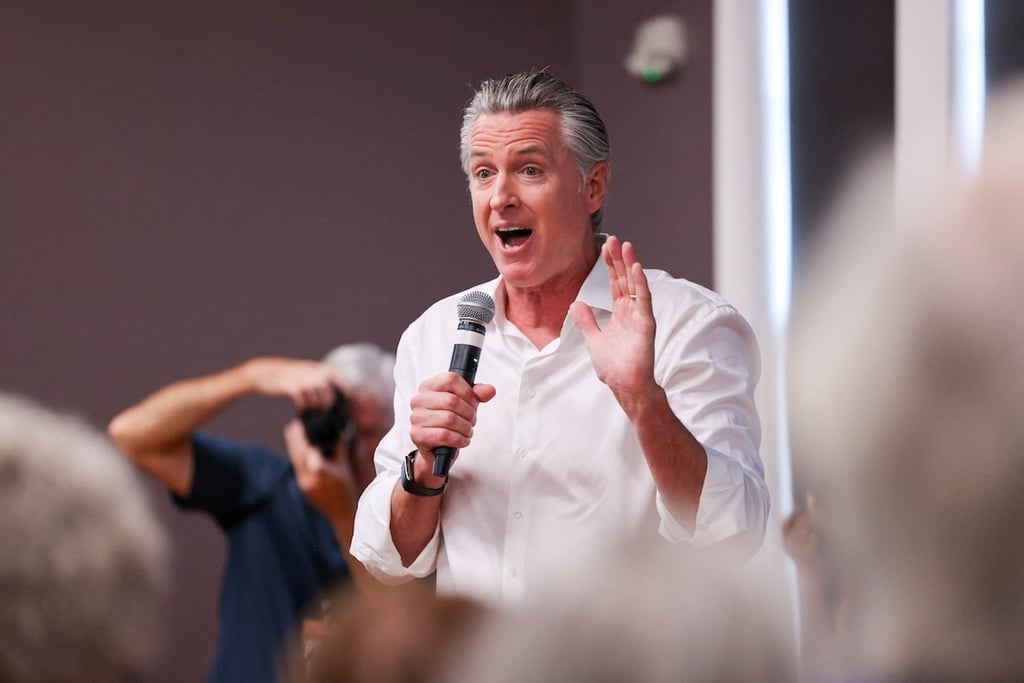 California Governor Gavin Newsom speaks at a meeting with voters and local leaders while campaigning for Democrats ahead of the midterm elections in Aiken, South Carolina, U.S. September 4, 2026. REUTERS/Sam Wolfe