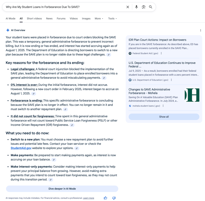 SAVE Forbearance SAVE Forbearance | Screenshot by The College Investor