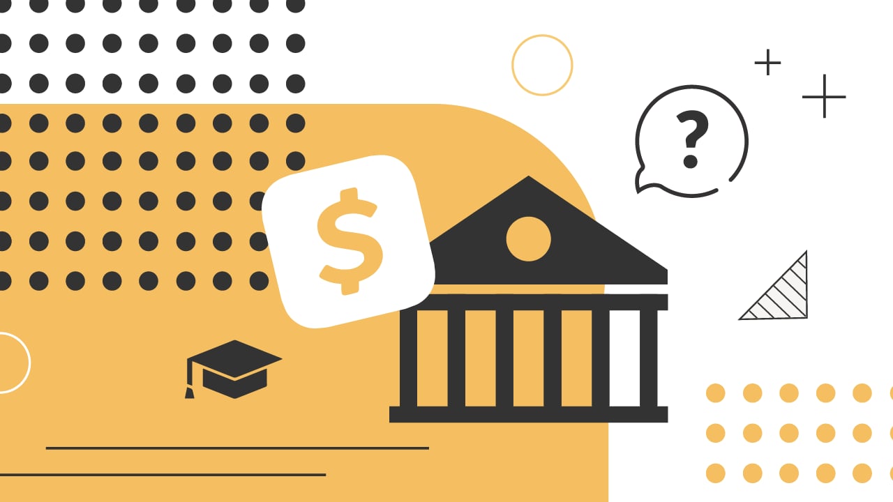 An abstract financial illustration features a prominent black bank icon with classical columns, positioned centrally on a mustard-yellow and white background. A white speech bubble containing a question mark floats above the bank, symbolizing the complex questions families face regarding college financing. To the left, a white dollar sign inside a rounded white square hovers over a black graduation cap, representing student loan options and costs. The background is adorned with various geometric patterns, including black and white dots, thin black lines, a hollow circle, and a triangle, adding to the dynamic and modern feel of the image. This visual metaphor highlights the challenges and choices involved in navigating the seven different types of student loans and financing alternatives available for college and graduate school, as discussed in the article. Source: The College Investor