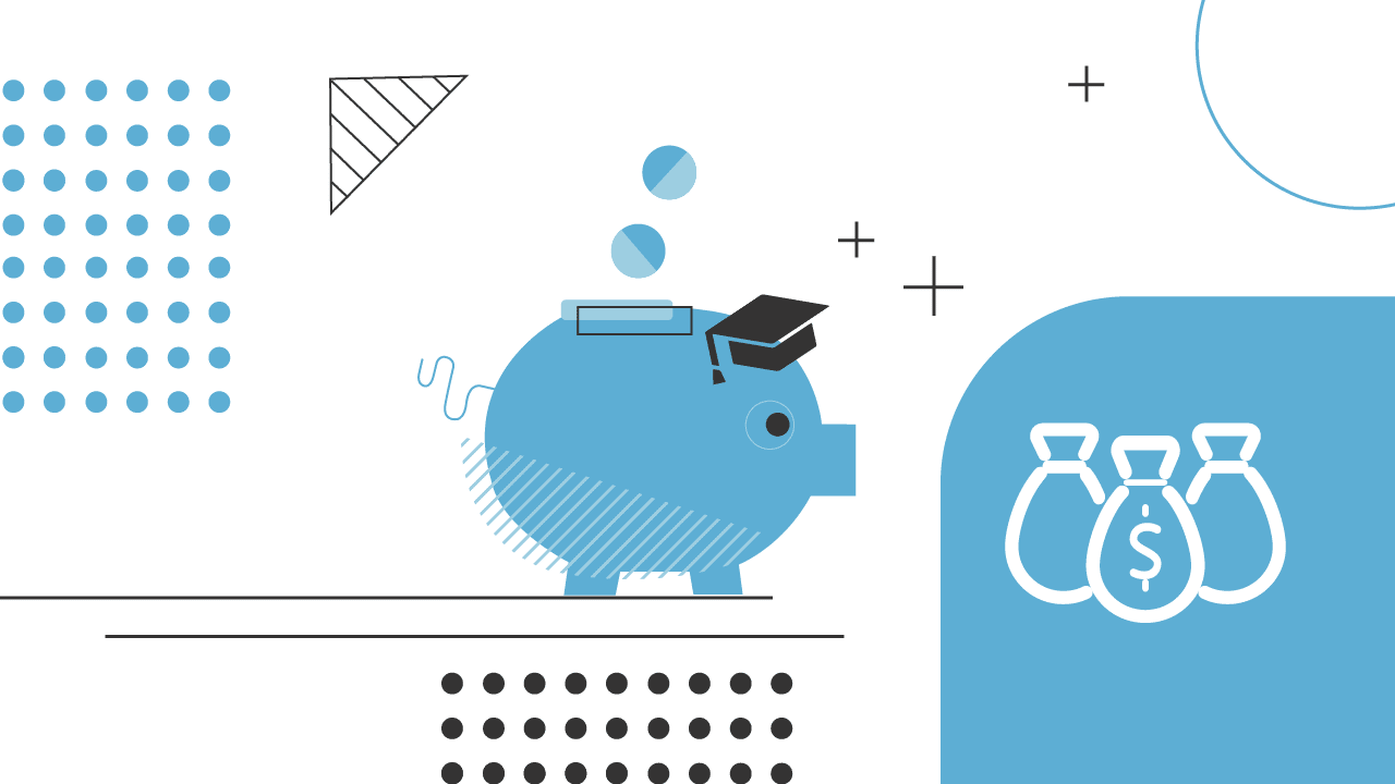 This image prominently features a light blue piggy bank wearing a black graduation cap on its head, symbolizing student savings and financial growth. Above the piggy bank, two light blue circles are shown as if being deposited into the coin slot, reinforcing the idea of saving money. To the right, partially visible, are three white money bags with dollar signs, representing wealth and financial security. The background is a clean white with various light blue and black geometric shapes and lines, including a dotted vertical bar on the far left and plus signs scattered across, adding a modern and dynamic feel. The text "COLLEGE INVESTOR" is visible at the bottom left. This visual effectively illustrates the article's focus on the best savings accounts for college students, emphasizing the importance of managing finances, investing, and achieving financial stability during their academic journey.