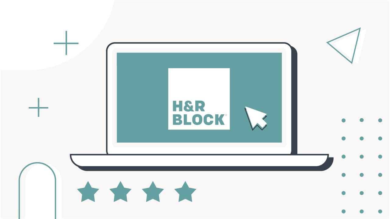 A stylized, modern illustration depicts a laptop displaying the H&R Block logo on its screen, set against a light teal background with a prominent white cursor pointing to the logo. Above the laptop, four solid teal stars are visible, indicating a positive rating, while the text "THE COLLEGE INVESTOR" is partially shown in the top left corner, suggesting the source of this review. The overall image reinforces the article's focus on H&R Block's online tax software, highlighting its ease of use and premium services for tax filers, as the laptop represents the online tax preparation experience and the stars denote its high ranking among competitors like TurboTax and TaxAct. Source: The College Investor