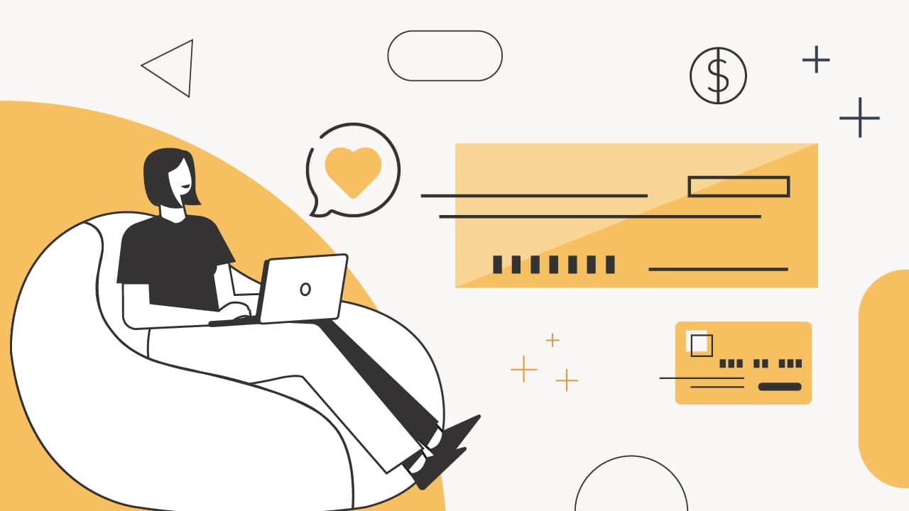 A minimalist, line-art illustration depicts a stylized person, likely a teenager or young adult, with short dark hair, wearing a black top and white pants, comfortably seated in a white, rounded armchair. They are actively engaging with a white laptop, symbolizing online banking and money management. Above their head, a speech bubble contains a yellow heart, suggesting satisfaction or positive feelings towards financial literacy. To the right, various financial elements are illustrated: a large yellow rectangle with horizontal lines and a small rectangle at the top right represents a blank check, indicating checking account features. Below it, a smaller yellow rectangle with dashed lines and a square represents a debit card, crucial for teen bank accounts. In the upper right corner, a circle with a dollar sign further emphasizes financial concepts. The overall image, titled "Best Teen Checking Account," visually represents the article's focus on helping teens learn money management skills through the use of checking and debit accounts, highlighting convenience and positive financial experiences.