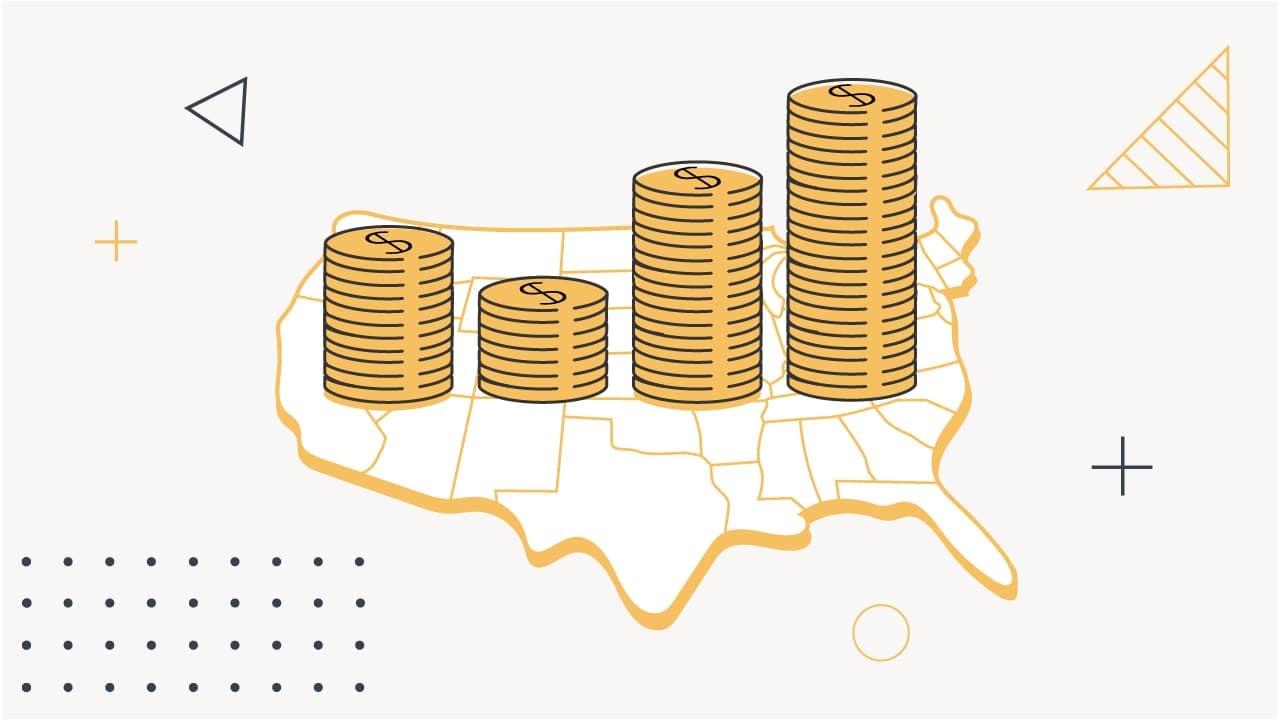 An infographic titled "THE COLLEGE INVESTOR" illustrates the average student loan debt by state across the United States. The image features an outline map of the continental US in a light yellow outline on a white background. Stacked columns of gold coins, each with a dollar sign, are placed on various states, visually representing the varying average student loan debt balances. Some columns are taller than others, indicating higher debt in certain regions, aligning with the article's discussion of states like Washington D.C. and Maryland having the highest average student loan debt, and North Dakota the lowest. The visual helps convey the significant differences in debt loads from state to state, a key point within the article's "Student Loans By State Fast Facts" section.