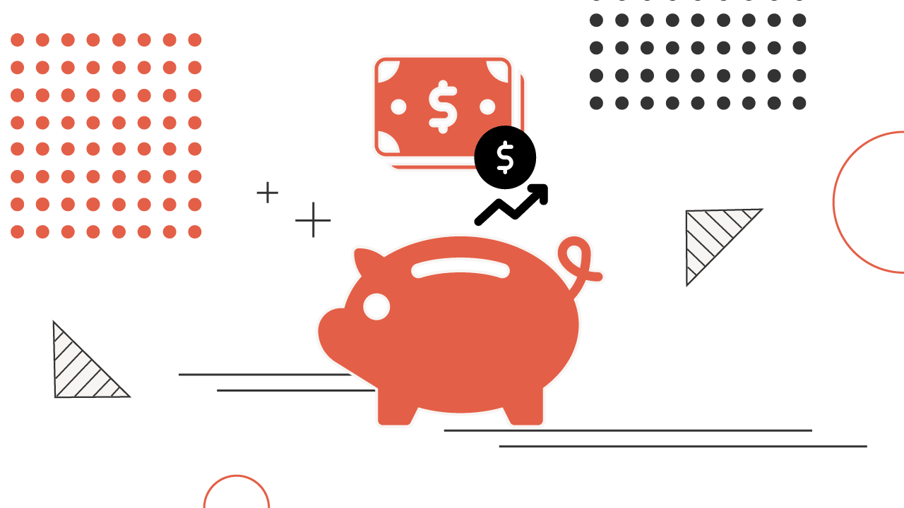 This vibrant graphic illustrates the concept of money market accounts and growing savings, featuring a prominent red piggy bank in the center. Above the piggy bank, a red rectangle stylized as a stack of money bills with a dollar sign indicates funds. To its right, a circular icon containing a dollar sign and an upward-trending arrow signifies increasing interest rates and financial growth, directly relating to the article's discussion of annual percentage yields (APYs) on money market accounts. The background includes various abstract geometric shapes and patterns in black and red, adding a dynamic, modern feel. The bottom left corner includes the text "COLLEGE INVESTOR", identifying the source of the content. This image effectively visualizes the benefits of parking savings, emergency funds, or large sums of cash in high-yield money market accounts, emphasizing the potential for increased returns as discussed in the article's top picks. Source: The College Investor