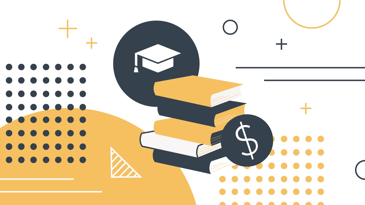 This graphic visually represents the core concept of VA education benefits and military financial assistance for college. The image features a prominent stack of five books, with the top three in a warm orange hue and the bottom two in white, symbolizing the educational resources and learning involved. Above the books, a dark circular icon displays a white graduation cap, clearly indicating academic achievement and higher education. To the right of the book stack, another dark circular icon contains a white dollar sign, emphasizing the financial aspect of these benefits and scholarships. The background is a clean white, adorned with abstract geometric shapes in matching dark gray and orange tones, including plus signs, circles, and dotted rectangles, which add a modern, dynamic feel to the illustration, reinforcing the opportunities and funds available for servicemembers, spouses, children, and veterans seeking to take advantage of these vital programs. Source: The College Investor