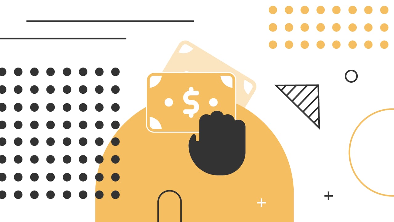 This abstract graphic visually represents the concept of Public Service Loan Forgiveness (PSLF) and student loan repayment. A prominent orange semi-circle forms the base, with a dark hand holding a rectangular banknote featuring a white dollar sign icon, symbolizing financial transactions and loan payments. Surrounding these central elements are various geometric shapes, including a grid of black dots, individual yellow dots, thin black lines, a black-and-white striped triangle, and a white plus sign, all against a clean white background. The image reinforces the article's focus on federal student loan forgiveness programs and the mechanics of making qualified payments over 10 years for those in public service jobs.