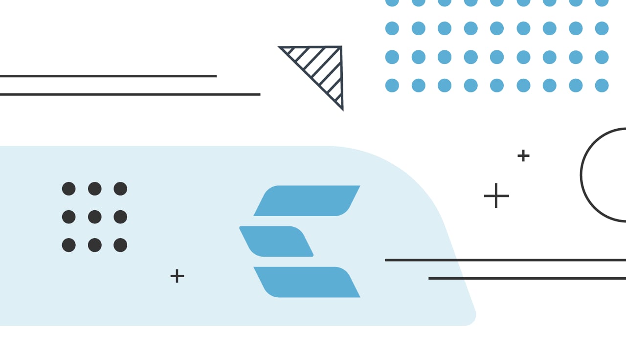 A clean, minimalist abstract graphic featuring the EverBank logo, which consists of three horizontal, light blue, slightly curved, and overlapping shapes resembling stylized "E"s or bank notes, positioned against a light blue, rounded rectangular background. The overall image, acting as a visual header or banner for an EverBank review, is filled with various geometric patterns on a white background, including rows of small blue dots, a black outlined triangle with diagonal lines, and black plus signs, conveying a modern and professional banking aesthetic. This image sets the tone for an in-depth review of EverBank's financial products, such as checking, savings, and money market accounts, emphasizing its competitive APY offerings and low fees, and highlighting its identity as the institution formerly known as TIAA Bank.