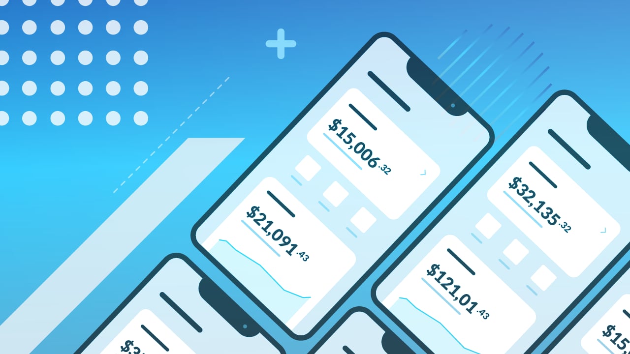 This image, featured in a review by The College Investor, displays a close-up of a modern smartphone interface showcasing the app. The screen prominently features three white rectangular cards with rounded corners, each displaying a dollar amount in bold black text: "$15,006.32," "$21,091.43," and "$121.01.43," representing various financial metrics like budget tracking, net worth, or savings accounts within the app. A subtle light blue line graph is visible at the bottom of each card, indicating financial trends. The background is a vibrant gradient of light to medium blue, with abstract white design elements including dots, plus signs, and diagonal lines, suggesting growth and financial tools. The "COLLEGE INVESTOR" logo is partially visible in the bottom left corner, reinforcing the article's source and its focus on financial well-being for college investors using platforms for budgeting, spending, and investing.