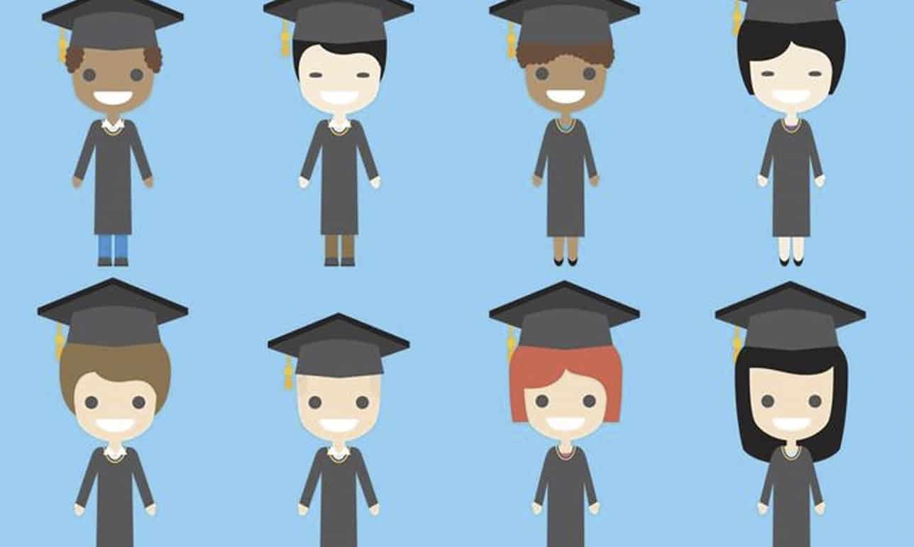 A cheerful group of diverse cartoon graduates, some with light brown skin, some with fair skin, and some with darker skin, are depicted in two rows against a solid light blue background, symbolizing the completion of higher education. Each graduate wears a traditional black cap and gown, with various hair colors and styles peeking out from beneath their caps, indicating different ages and backgrounds. This image visually represents the millions of Americans who have earned a bachelor's degree and often carry student loan debt, directly correlating with the article's focus on "Average Student Loan Debt" and how these amounts compare by graduating class. The bottom left corner prominently displays "THE COLLEGE INVESTOR" logo, reinforcing the financial literacy and investment context of the accompanying article. Source: The College Investor