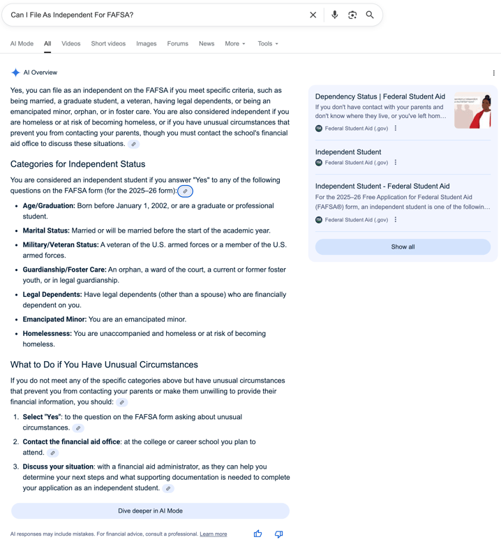 FAFSA Independent FAFSA Independent | Screenshot by The College Investor