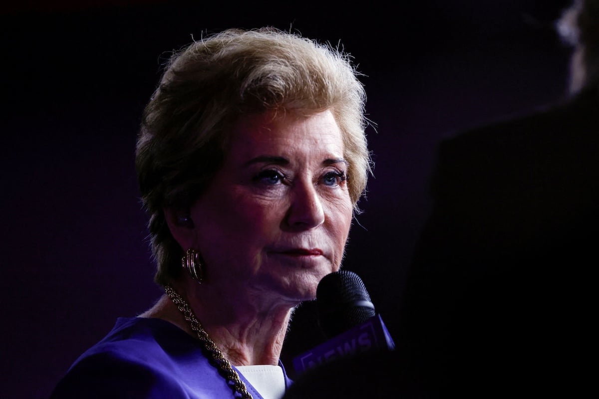 U.S. Secretary of Education Linda McMahon gives an interview at the Republican National Midterm Convention in Dallas, Texas, U.S., September 10, 2026. REUTERS/Brian Snyder
