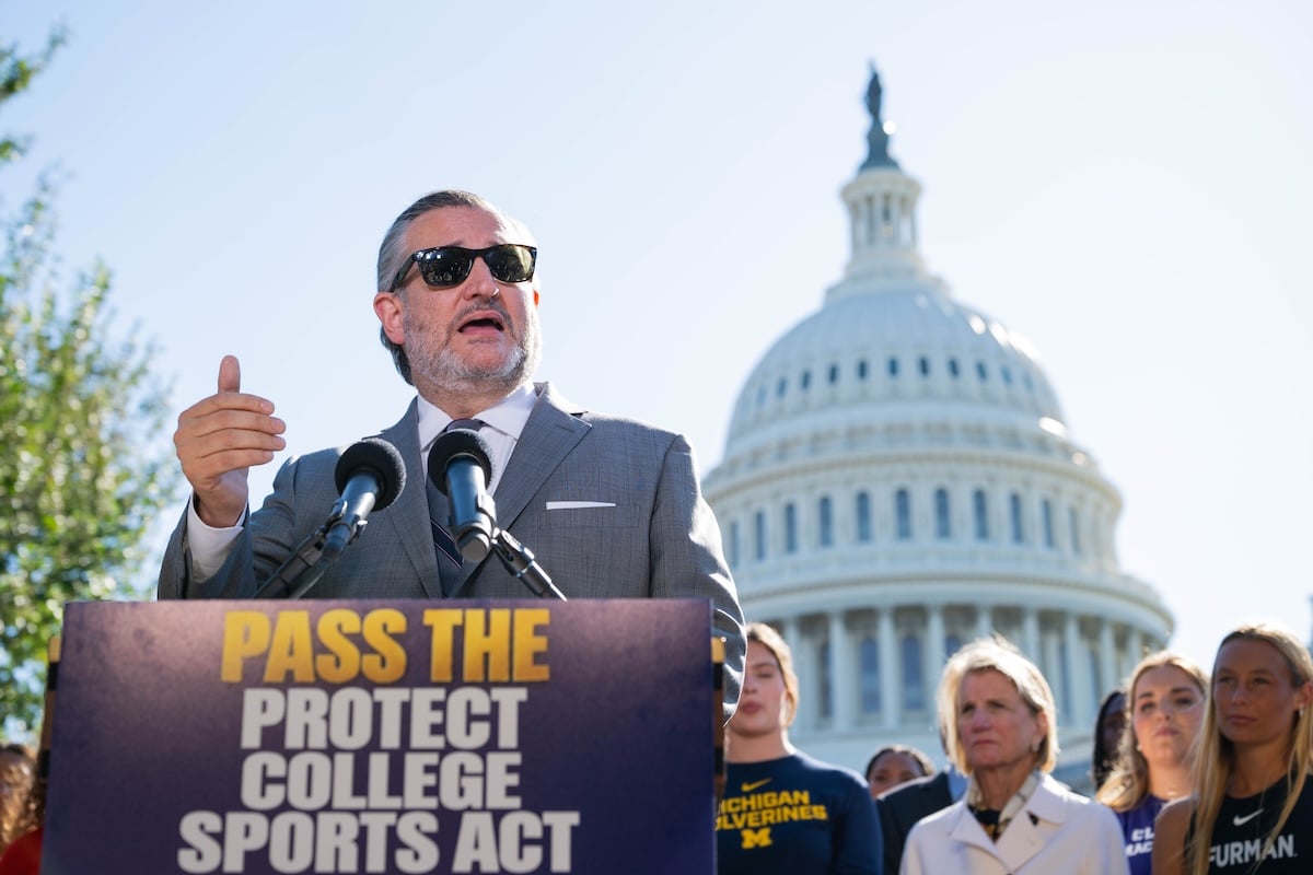 Sen. Ted Cruz speaks during a press conference on the Protect College Sports Act at the U.S. Capitol in Washington, DC, on September 14, 2026. Senators, college coaches and student-athletes gathered to discuss legislation concerning college athletics. (Photo by Matt Kaminsky/Sipa USA)