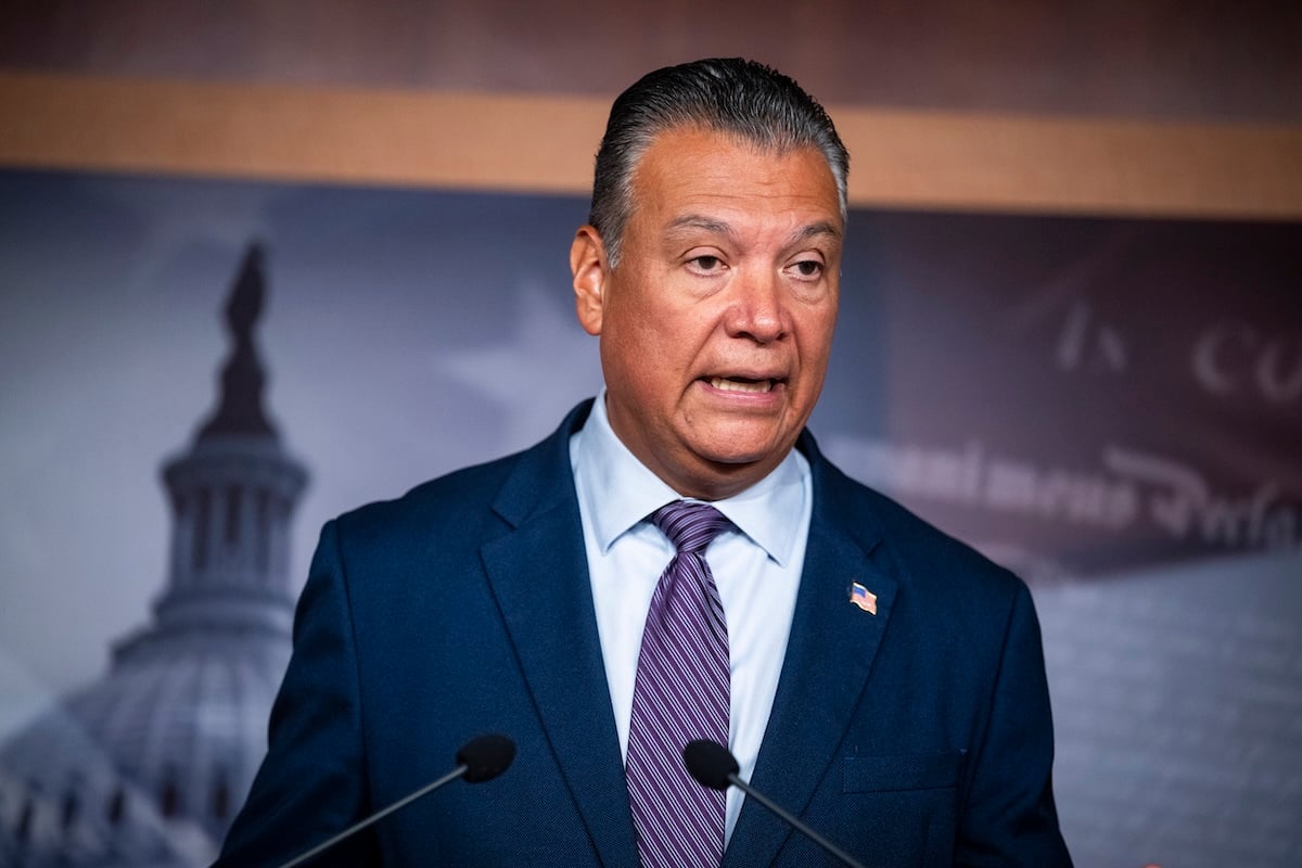 Senator Alex Padilla (D-CA) during a press conference on a Department of Homeland Security whistleblower report alleging unlawful access of voter files, at the U.S. Capitol, in Washington, D.C., on Monday, September 14, 2026. (Graeme Sloan/Sipa USA)