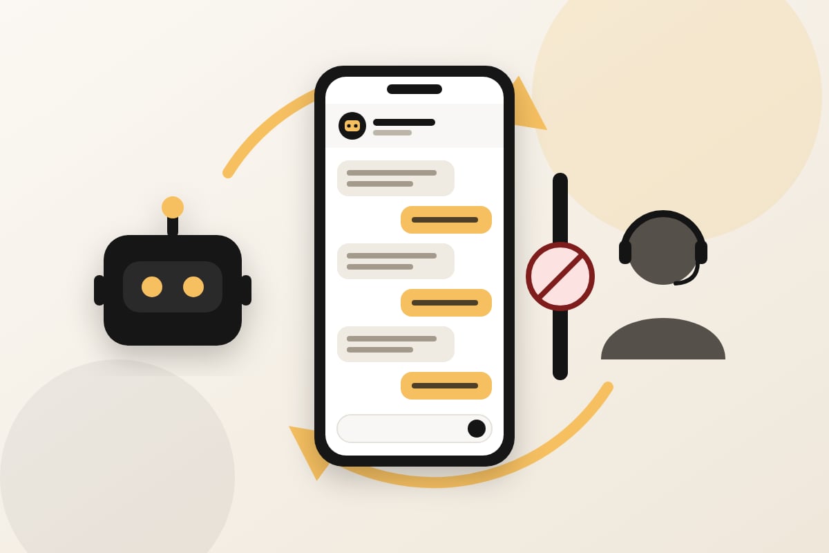 Illustration of an AI customer service chatbot trapping a consumer in a looping phone chat while a blocked barrier keeps them from reaching a human support agent