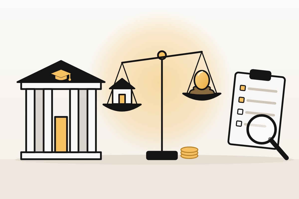 Illustration of a balance scale weighing a house against a golden retirement nest egg, between a college building and a CSS Profile financial aid form under a magnifying glass.