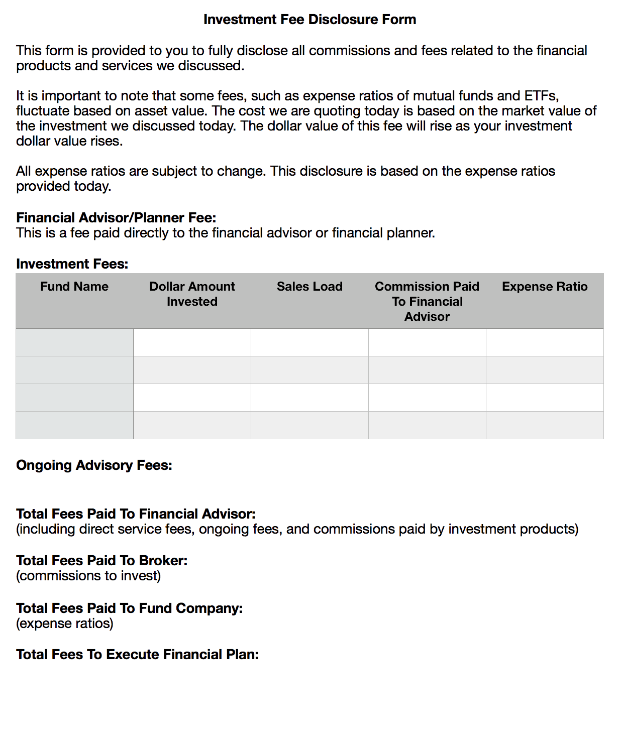 Investment Fee Disclosure Form