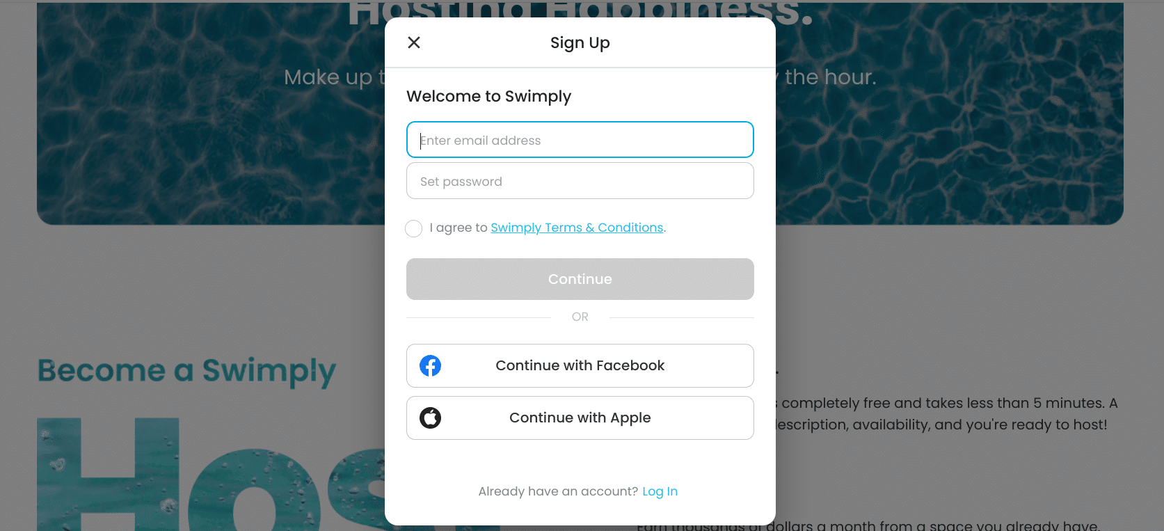 Screenshot of Swimply's registration pop-up