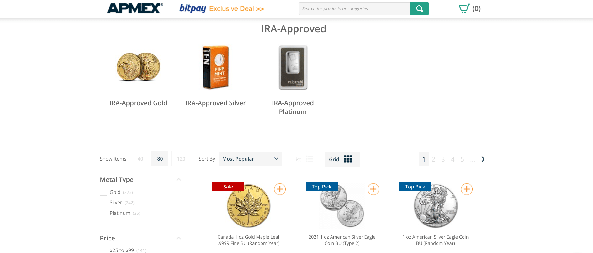 Screenshot of APMEX's IRA-eligible products