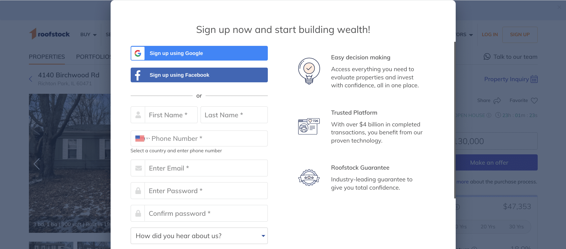 Screenshot of the Roofstock sign-up screen