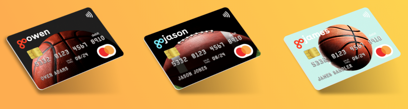Screenshot of GoHeny sports-themed debit cards