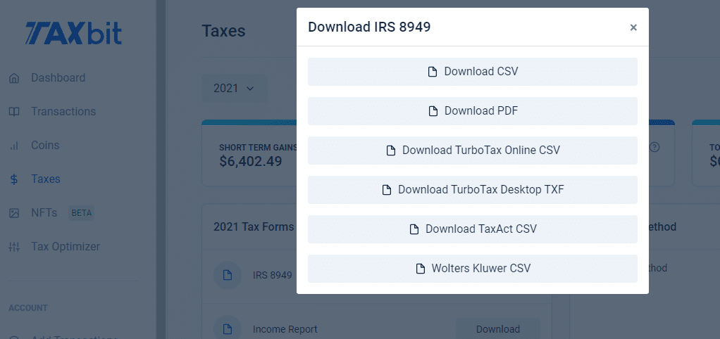 Screenshot TaxBit Download IRS Form 8949