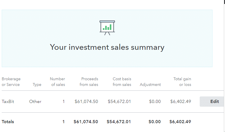 Screenshot of TurboTax Investment Sale Summary