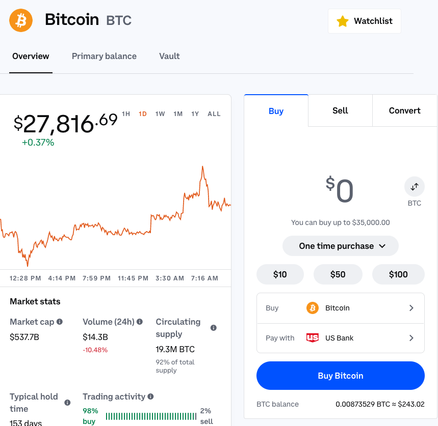 A screenshot of how to buy Bitcoin on Coinbase