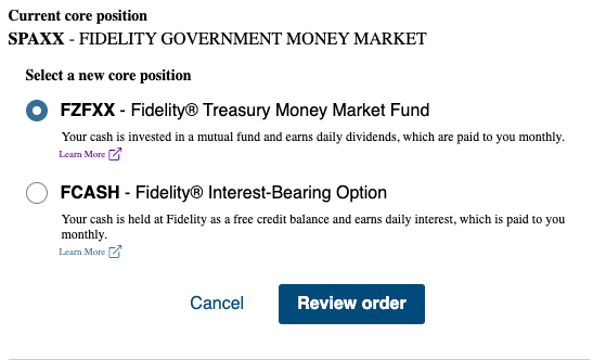How to change core positions in the Fidelity sweep account
