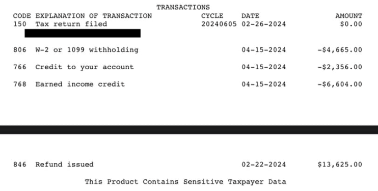 IRS Tax Transcript Screenshot