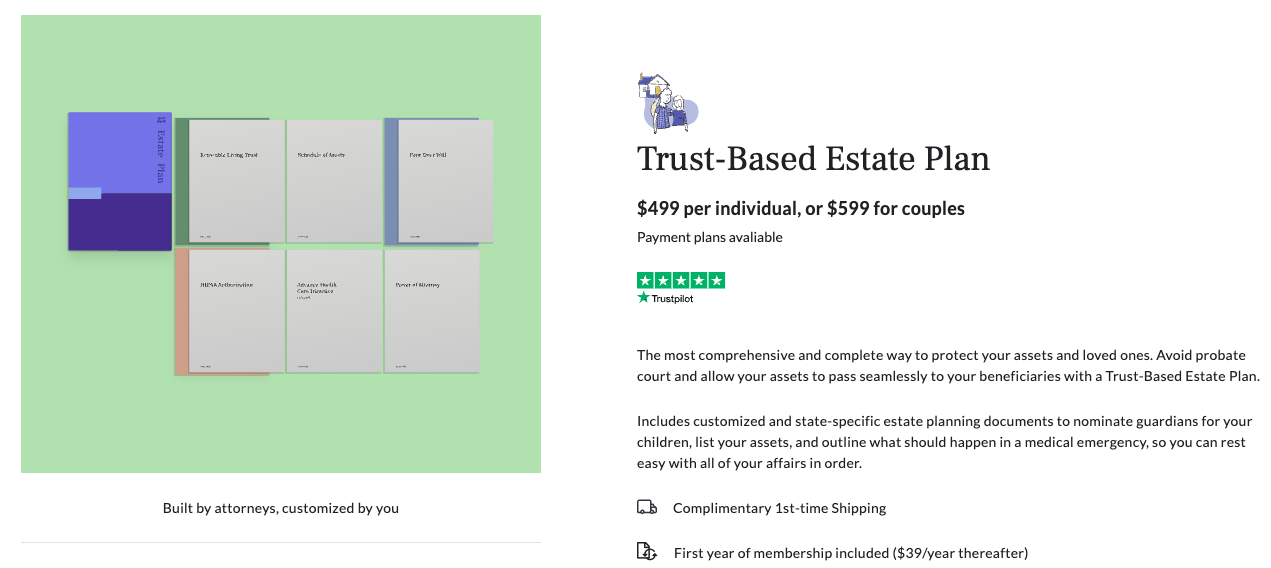 screenshot of trust pricing