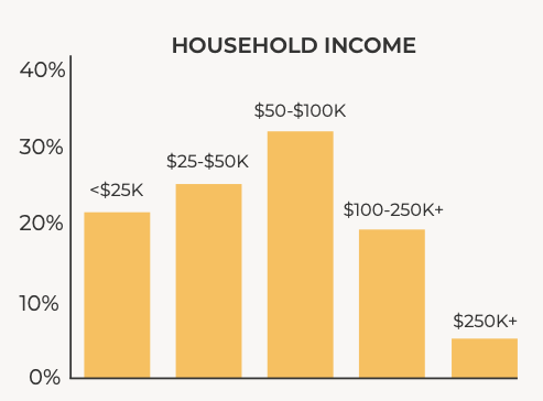 Household income: the largest group earns $50,000 to $100,000, with readers across every income range