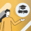 This image depicts a stylized graphic representing college education and its perceived value, set against a dynamic background of gold and black shapes. A prominent white circular icon in the center showcases a black graduation cap with a tassel, positioned above a rolled-up diploma tied with a ribbon, symbolizing academic achievement and a college degree. To the left, the top of a person's head and shoulders are visible, suggesting a student or individual considering their educational path. The background features various abstract shapes, including long, rounded rectangles in black and gold, smaller white dots, and thin diagonal lines, creating a sense of movement and modern relevance. This visual reinforces the article's theme about Americans weighing in on college costs, education policy, and the worth of a college degree in 2025, particularly given that public sentiment on college value is currently low.