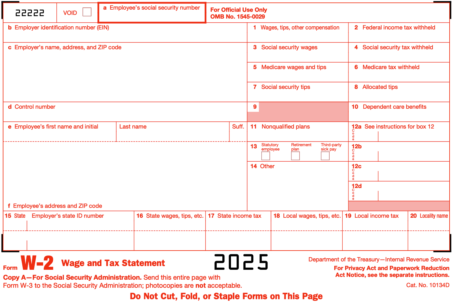 Formulario W-2 del IRS Formulario W-2 del IRS