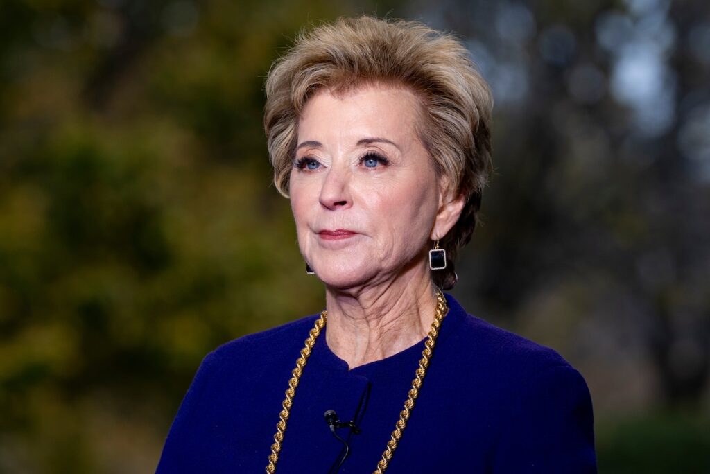 Education Secretary Linda McMahon speaks during a television interview at the White House, Tuesday, Nov. 19, 2025, in Washington. (AP Photo/Alex Brandon)