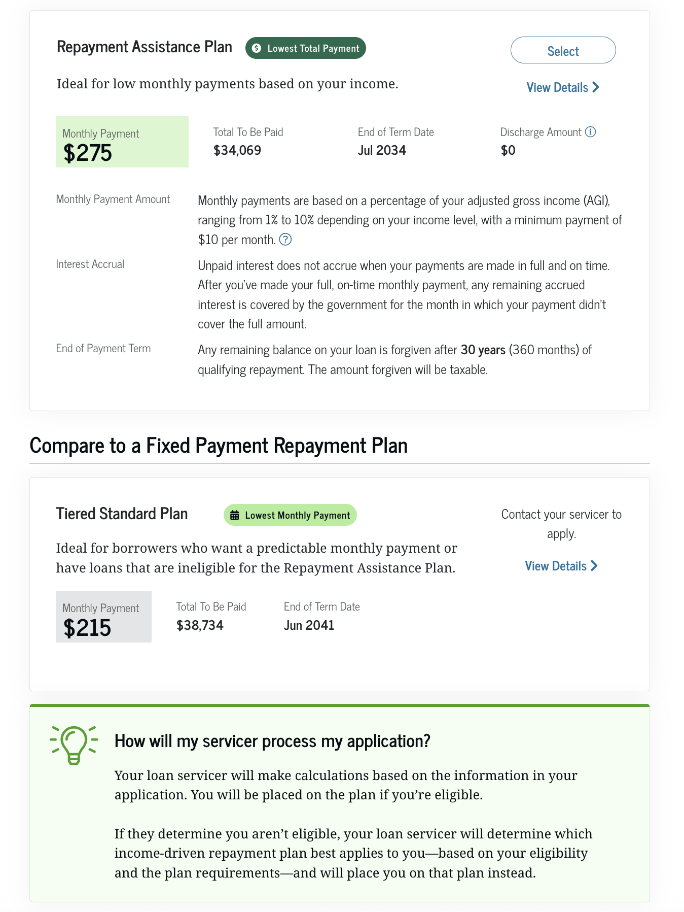 Screenshot of StudentAid new IDR application that includes RAP and Tiered Standard.
