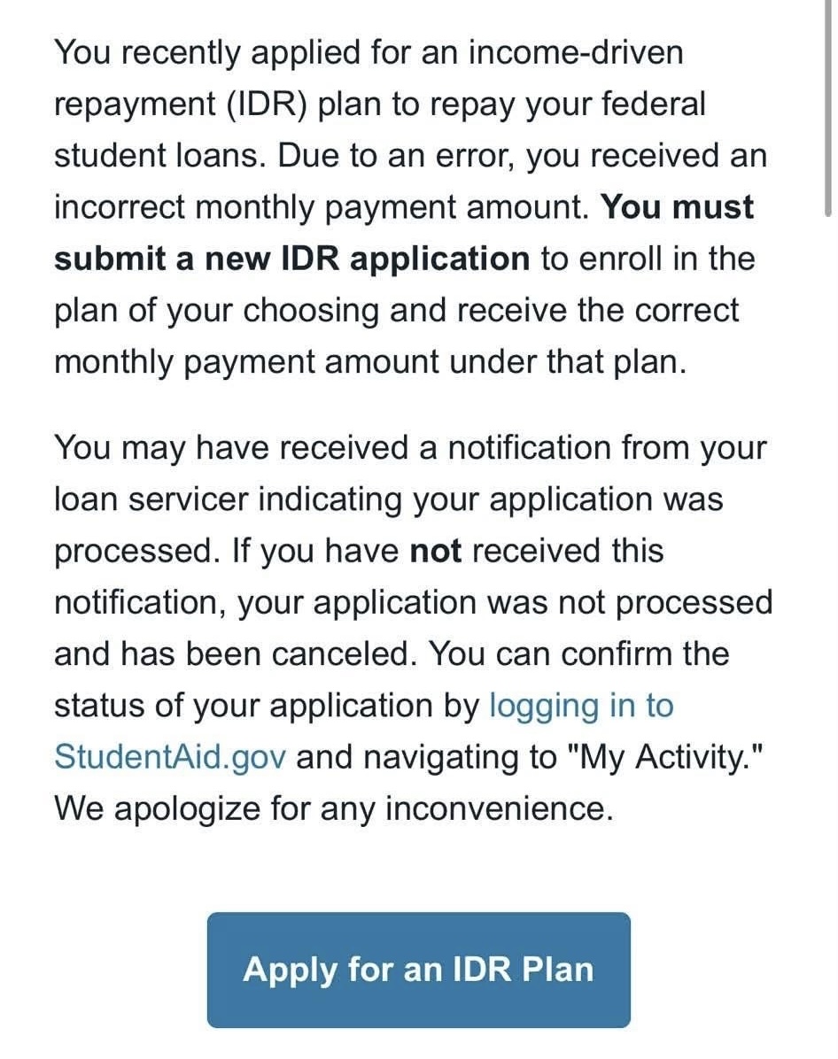 Department of Education Tells IDR Applicants To Reapply After Payment Error